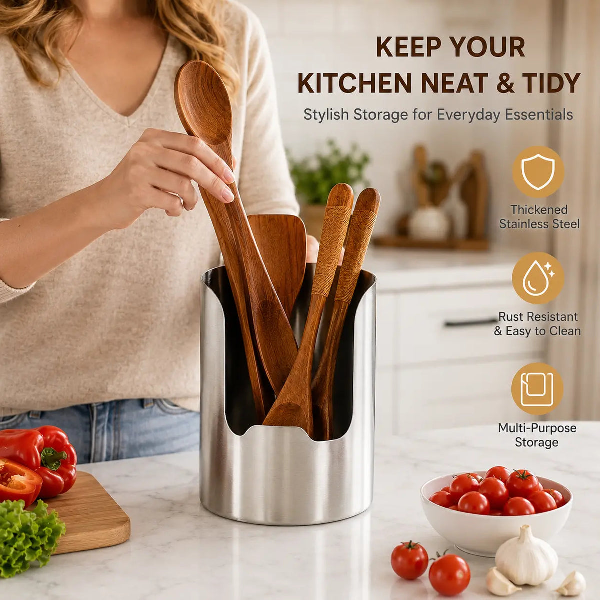 🧑🍳 Multi-Functional Kitchen Utensil Holder – Holds pot lids, spatulas & cutting boards. Thickened stainless steel, space‑saving. 🛡️✨