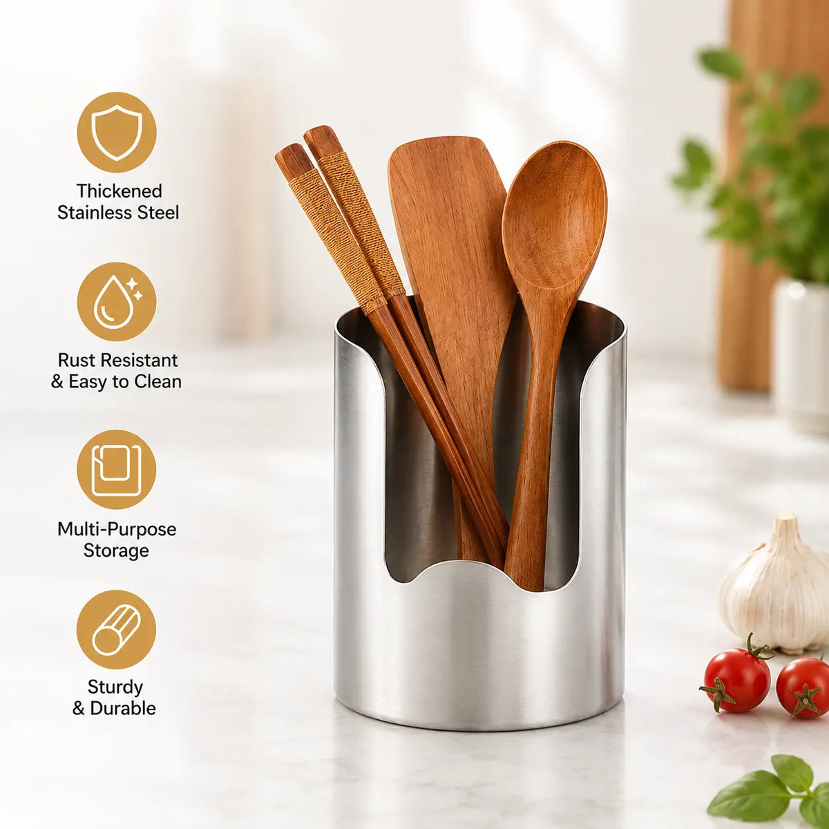 🧑🍳 Multi-Functional Kitchen Utensil Holder – Holds pot lids, spatulas & cutting boards. Thickened stainless steel, space‑saving. 🛡️✨