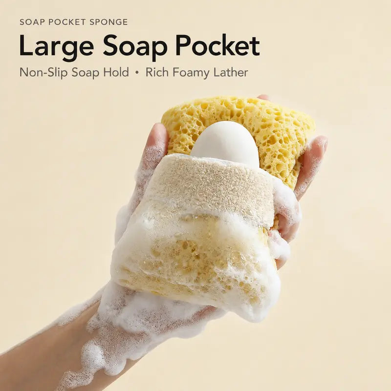 🔥LAST DAY 50% OFF🛒🧽 2-Pack Soft Bath Sponge with Soap Pocket | Quick Foaming Shower Scrub Sponge for Smooth Skin & Daily Body Cleaning ✨