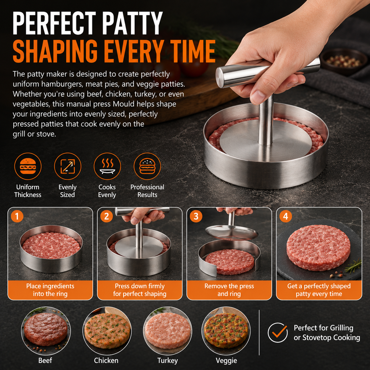 🎁50%OFF &😍 Hot Sale Stainless Steel Burger Press - 1Pc Nonstick Burger Patty Maker Mold