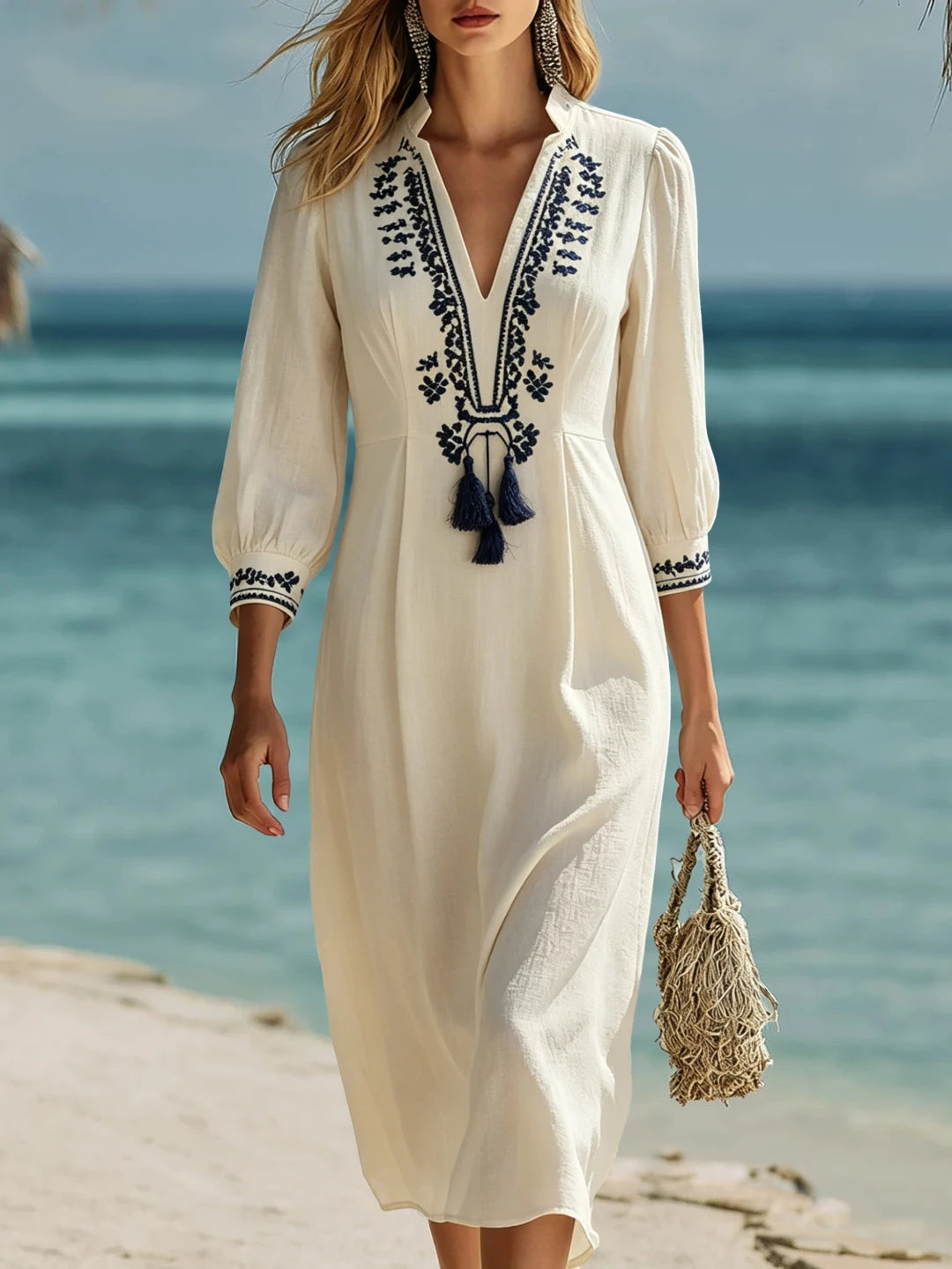 Resort-style Ethnic-style Blue Embroidered Off-white Cotton And Linen Midi Dress