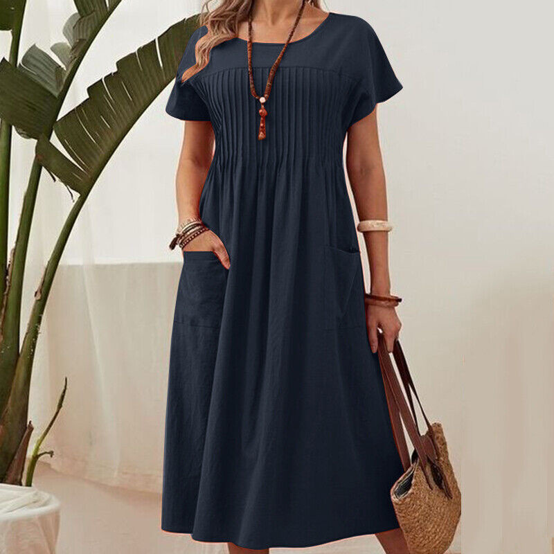 Women’s Pleated Dress with Short Sleeves and Pockets