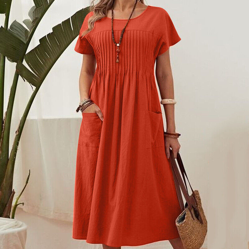 Women’s Pleated Dress with Short Sleeves and Pockets